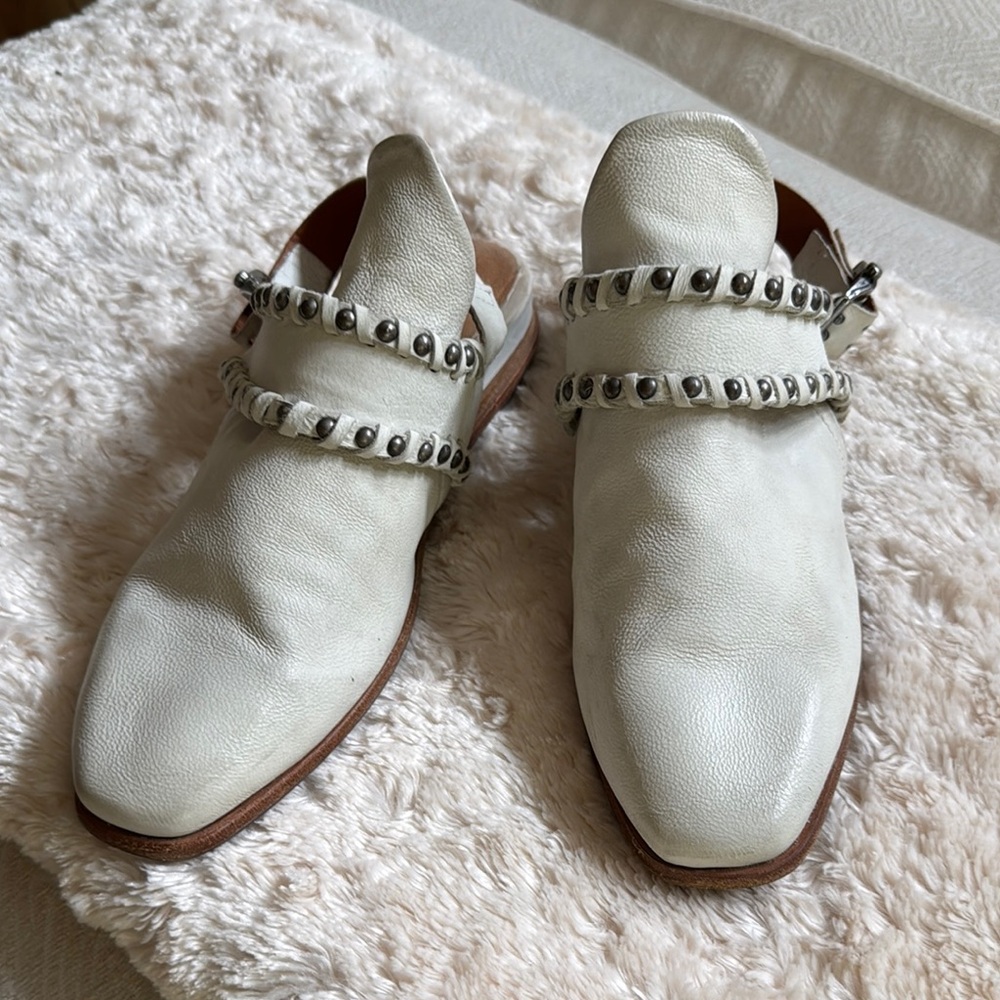 A.S.98 White Leather Studded Shoe Mules Sandals